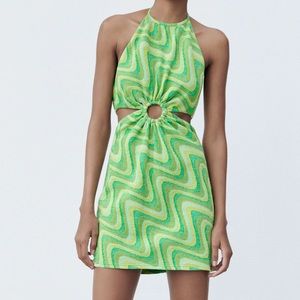 ZARA JACQUARD mini green swirly dress